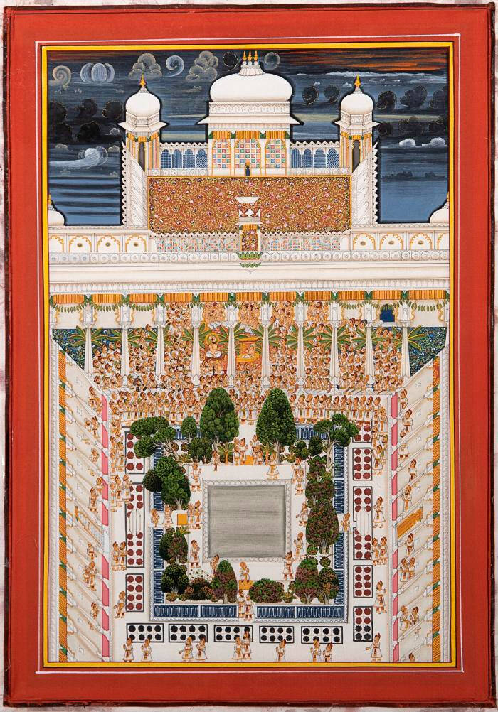 Very detailed painting on silk of an aerial view of a courtyard.